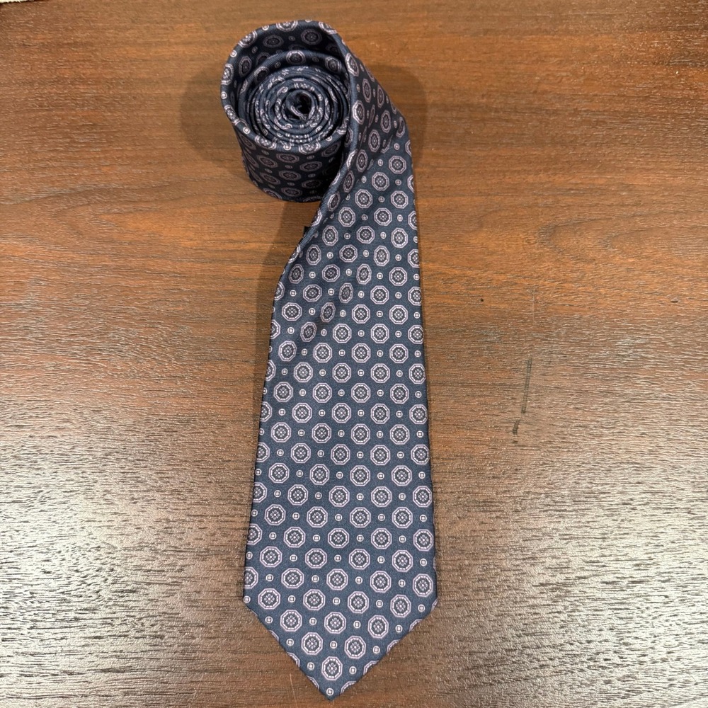 Don Loper Mens Silk Tie Navy Blue‎ Geometric Pattern Made in USA Formal